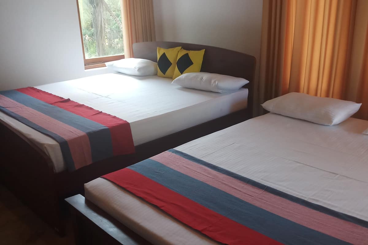 Deux lits simples avec des couvre-lits à rayures, une fenêtre avec des rideaux et une vue sur la verdure.