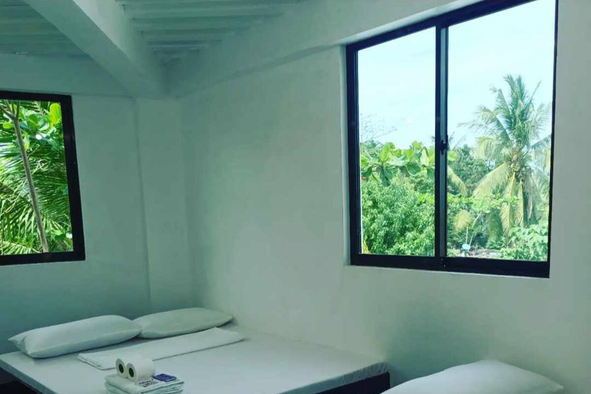 Une chambre avec deux lits simples, chacun doté de draps et d’oreillers blancs. Il y a une fenêtre sur le côté gauche de la pièce et une autre sur le côté droit, toutes deux avec des cadres noirs. Les murs de la chambre sont blancs et le plafond présente un motif à carreaux.
