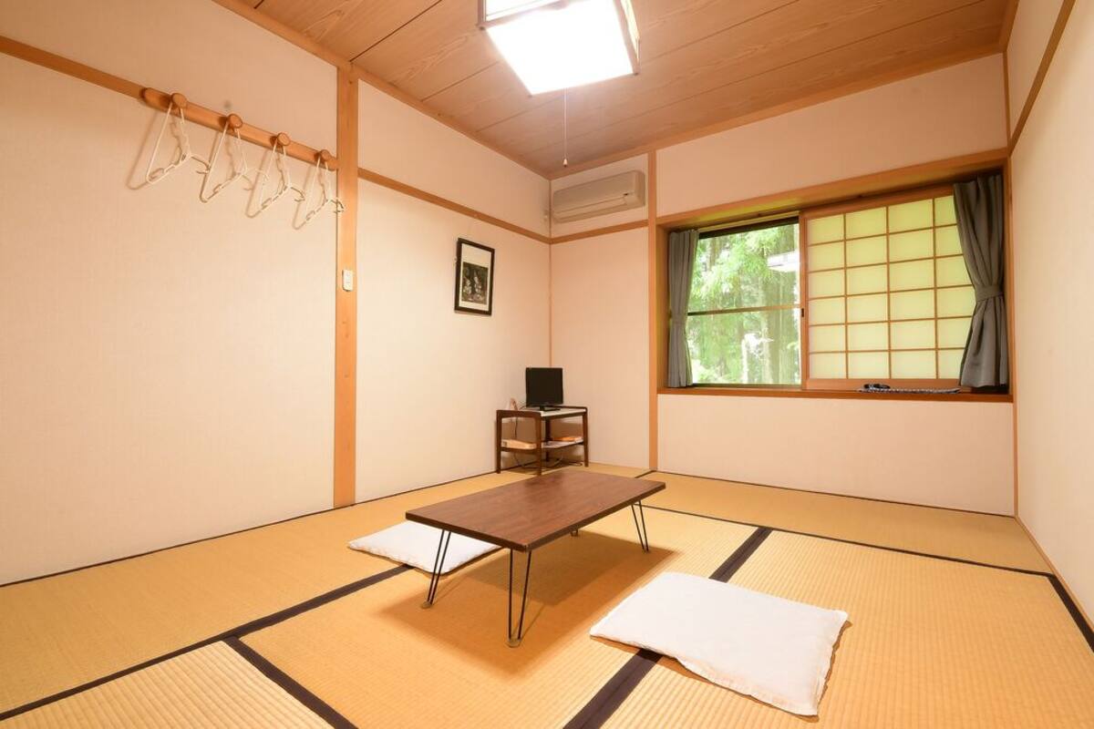 A tatami mat room with a low table, cushions, a television, and a window with a view of greenery.