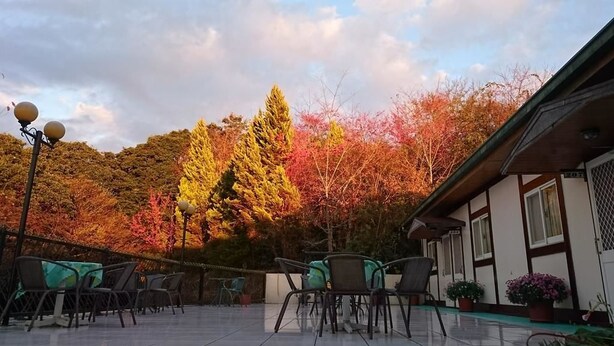An outdoor patio with chairs and tables, a building with a tiled roof, and trees with autumn foliage. - Bokelai B&B (Ren'ai)
