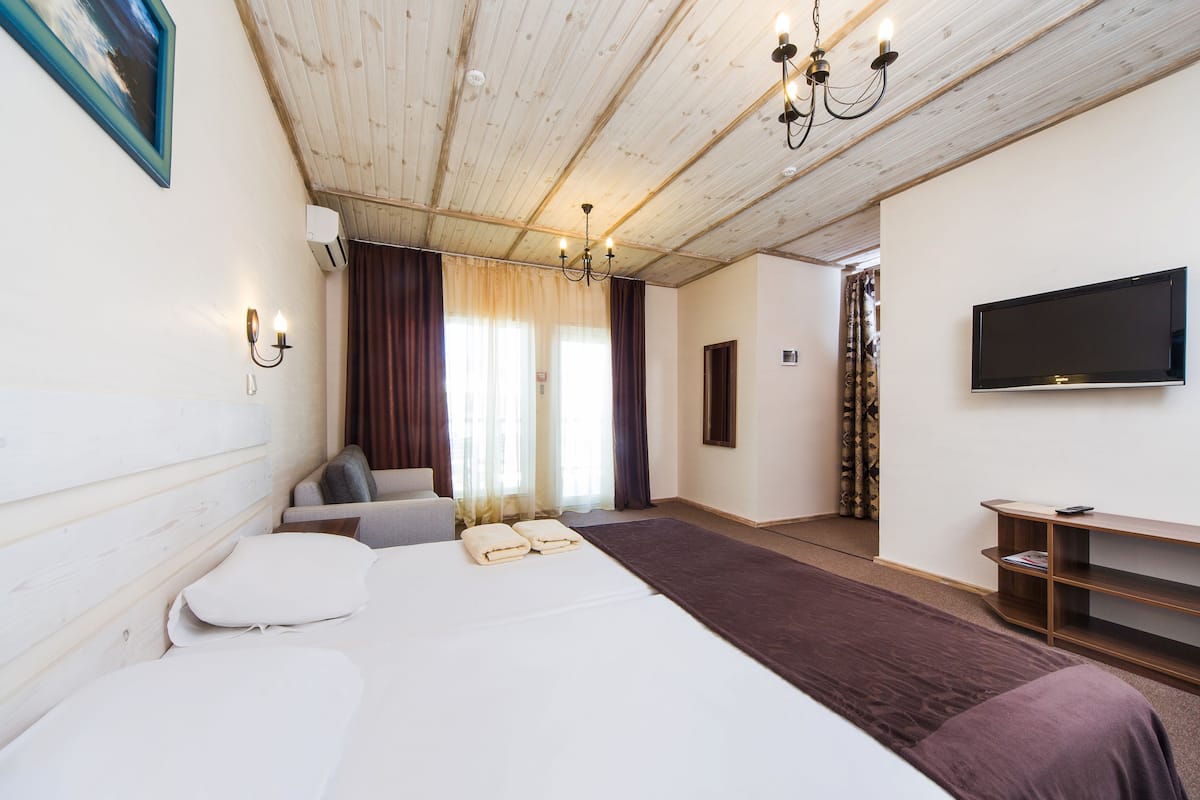 Habitación clásica, vistas a la piscina | Minibar, caja fuerte, escritorio y tabla de planchar con plancha