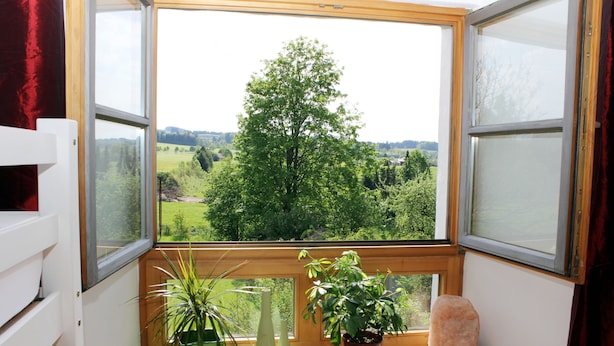 A window with a view of a tree and landscape. - Ultra Alpes (Rottenbuch)