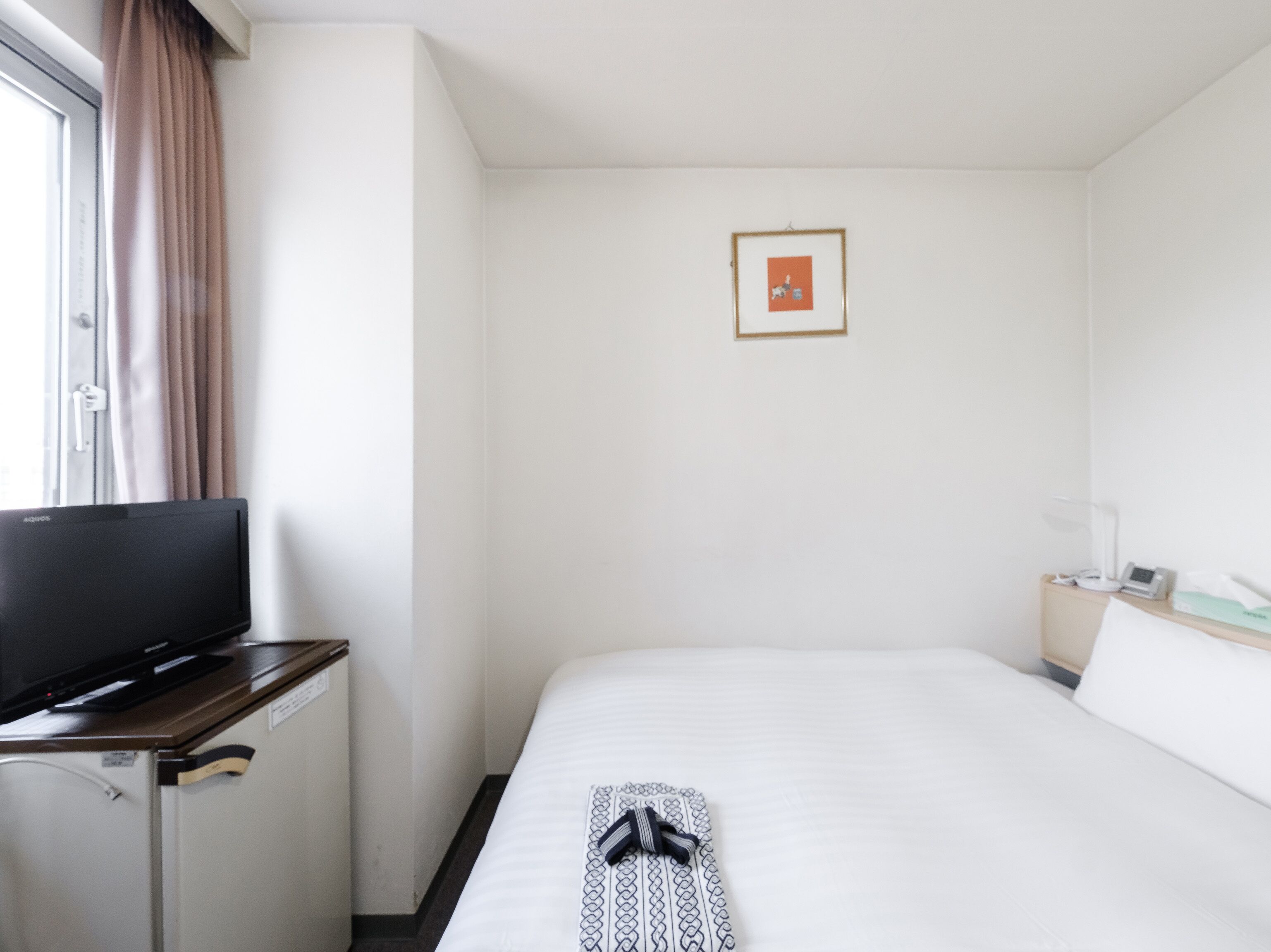 A hotel room with a bed, a TV on a desk, a bedside table with a lamp, and a framed picture on the wall.