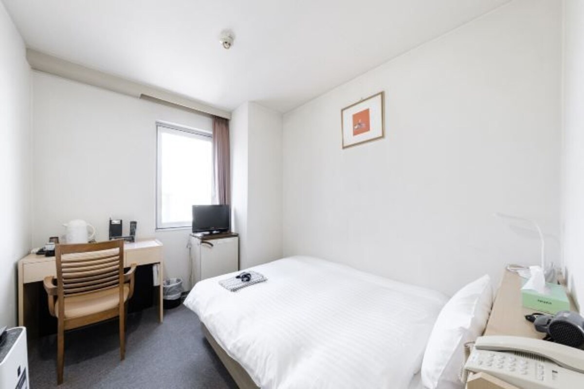 Habitación de hotel con cama, escritorio, silla, televisor y ventana.