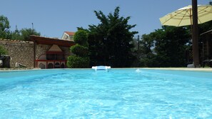 Seasonal outdoor pool, pool umbrellas, sun loungers