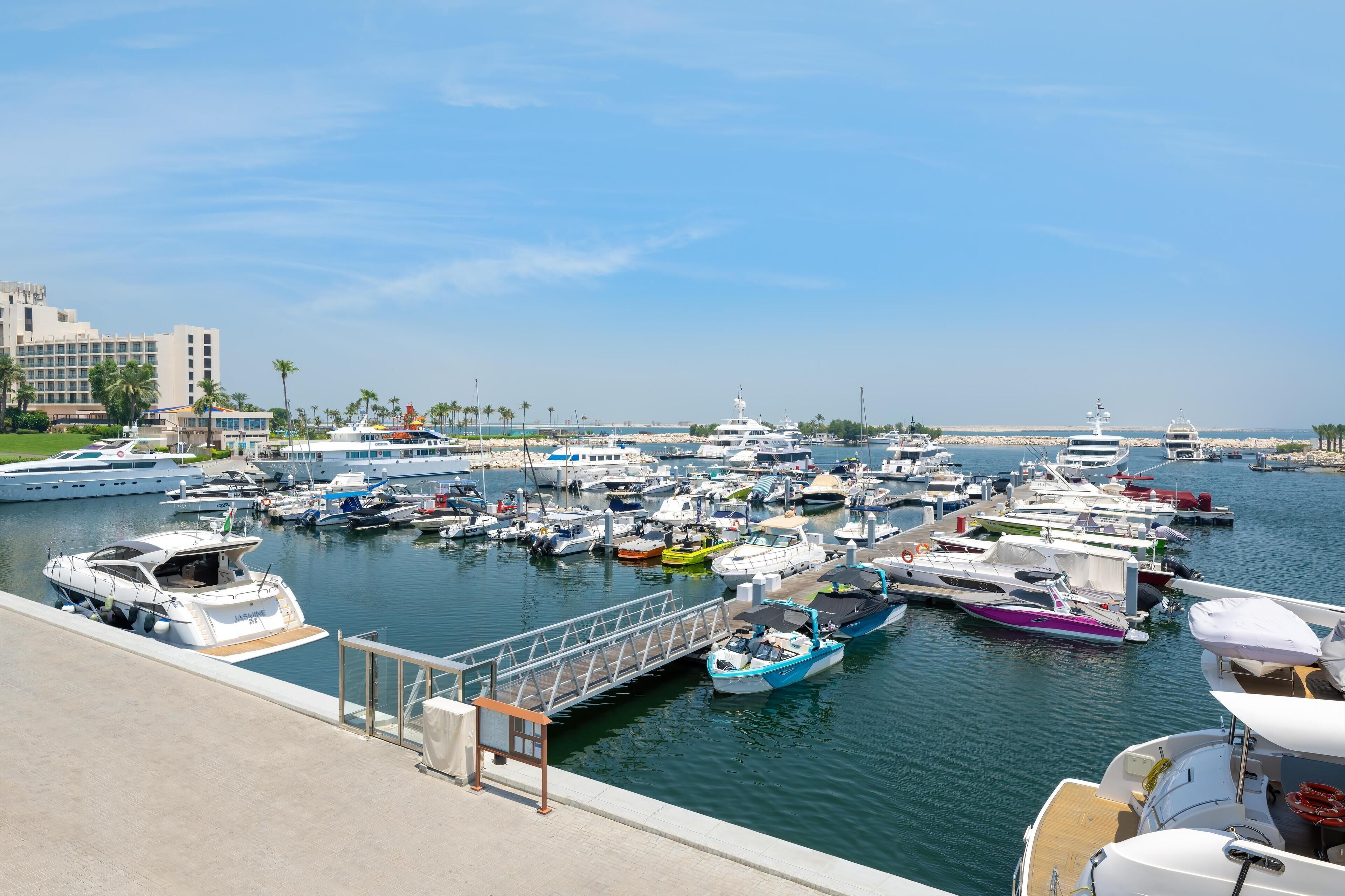 A marina with various boats docked, a bridge, and a building in the background.