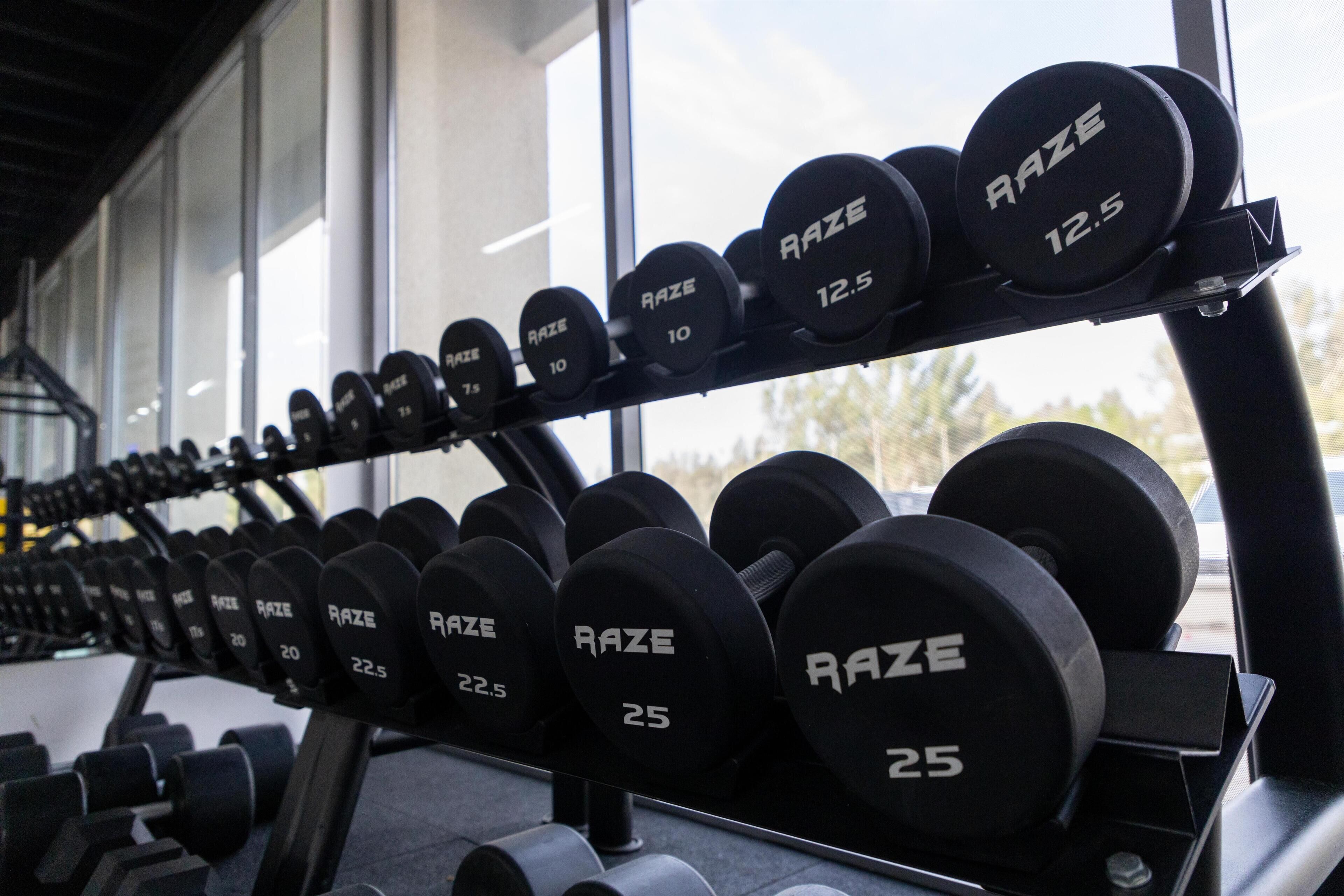 A rack of weight plates labeled with various weights.