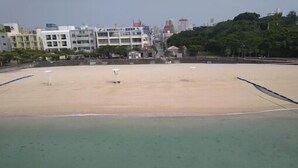 Une plage avec un ciel dégagé, un rivage sablonneux et des bâtiments en arrière-plan.