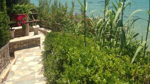 A coastal pathway leading to a sea view with a ship in the distance. - Villa Aethra (Kefalonia)