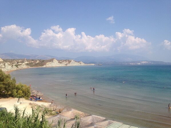 On the beach, sun-loungers, beach towels, 2 beach bars