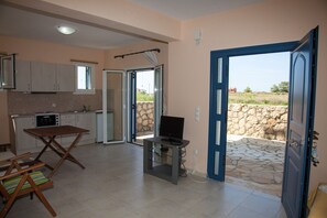 A spacious living area with a kitchen, a dining table, and a television.