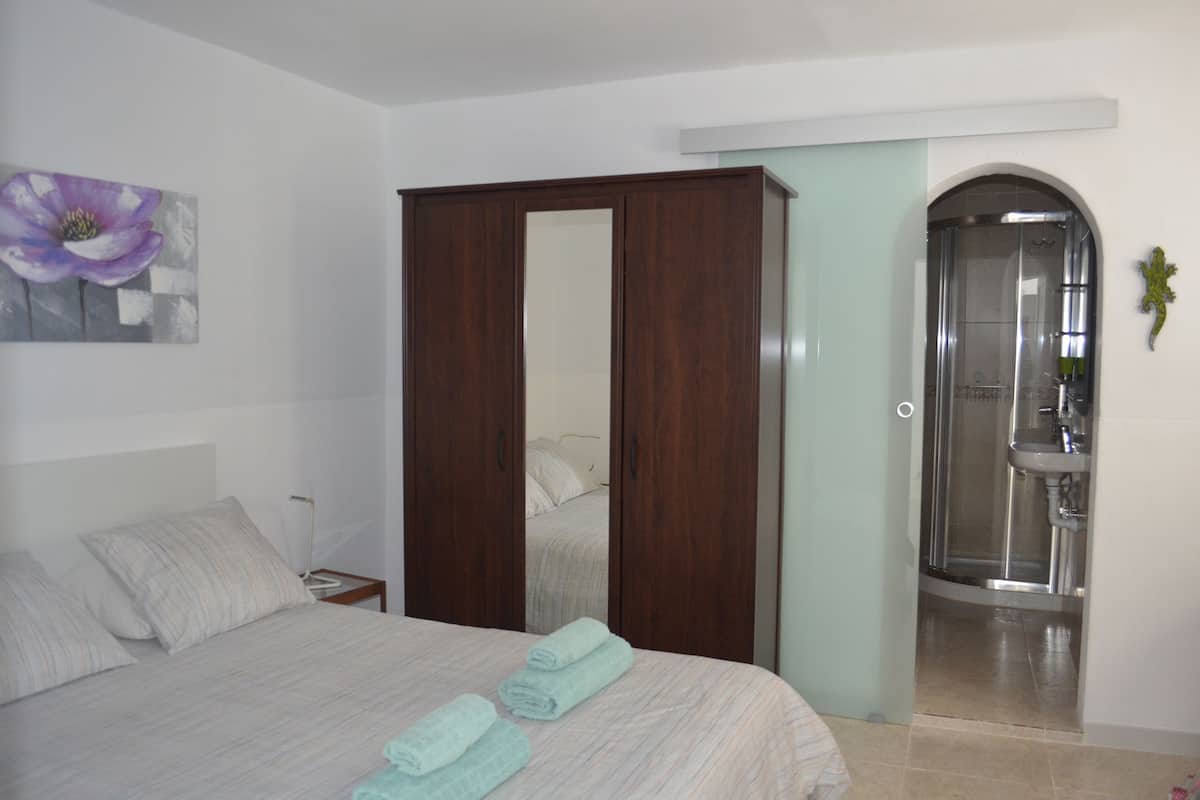 A bedroom with a bed, a wooden wardrobe, a bathroom with a shower, and a sink.