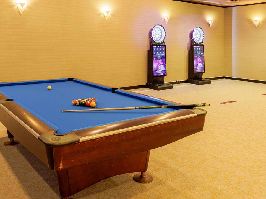 Ein Billardtisch mit Kugeln und Spielstange, ein Teppichboden und zwei Dartscheiben an einer Wand.