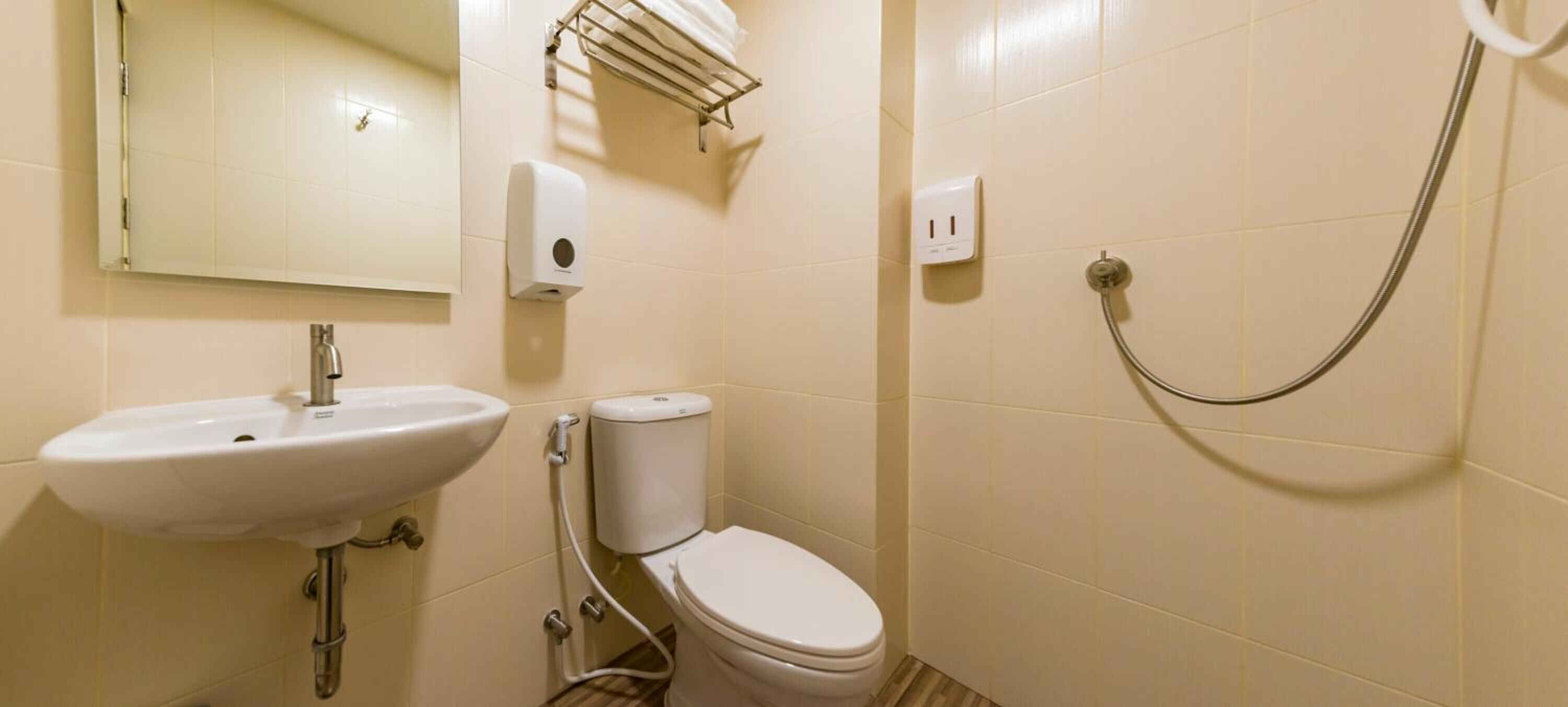 shower, hydromassage showerhead, hair dryer, slippers