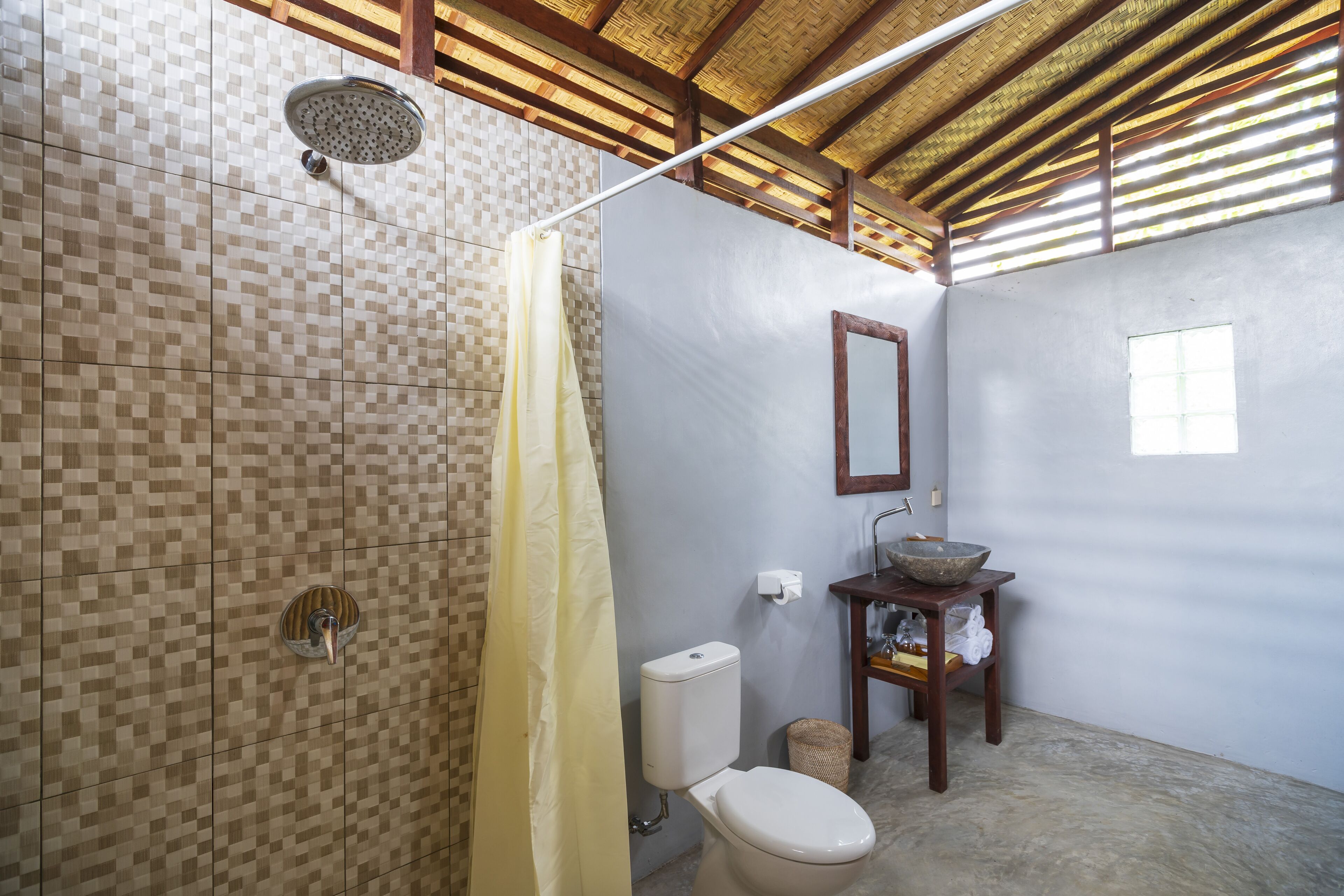 shower, hair dryer, bathrobes, slippers