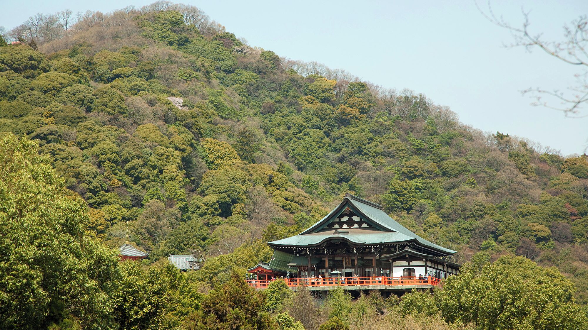 A traditional Japanese building with a green roof, surrounded by dense forest and hills.
