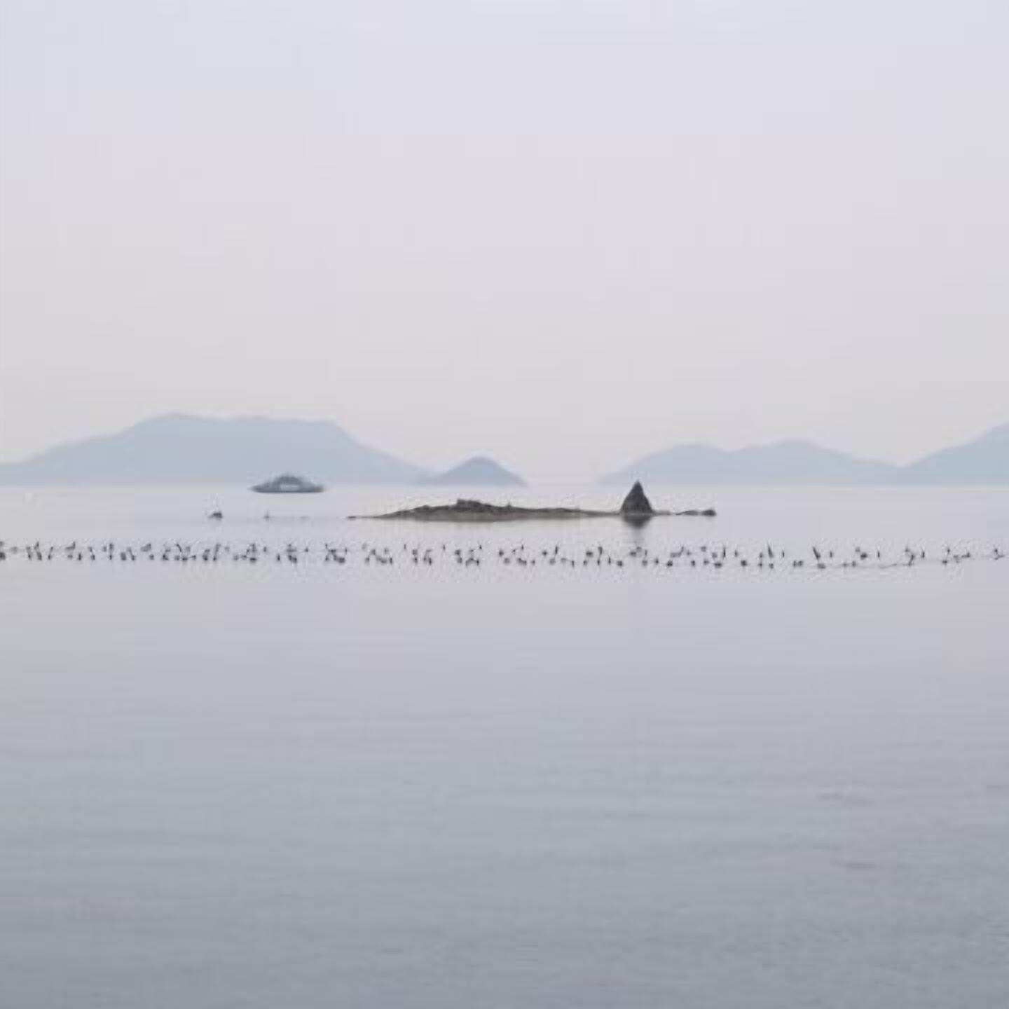 A calm body of water with boats and a distant landmass.