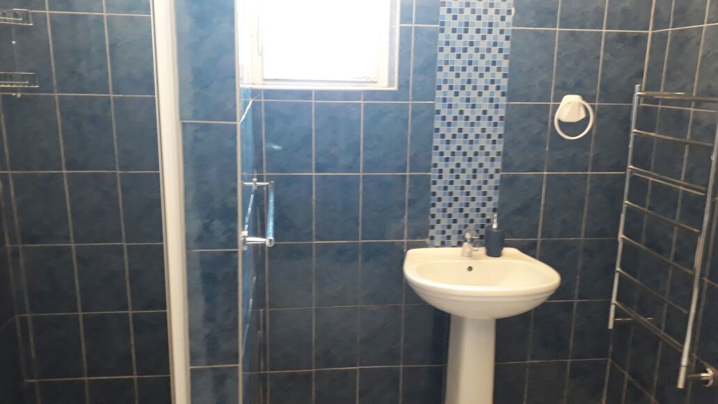Casa de banho com azulejos azul escuro, uma sanita branca e zona de duche.
