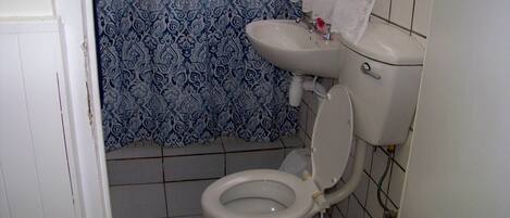 A bathroom with a toilet, sink, and patterned shower curtain.