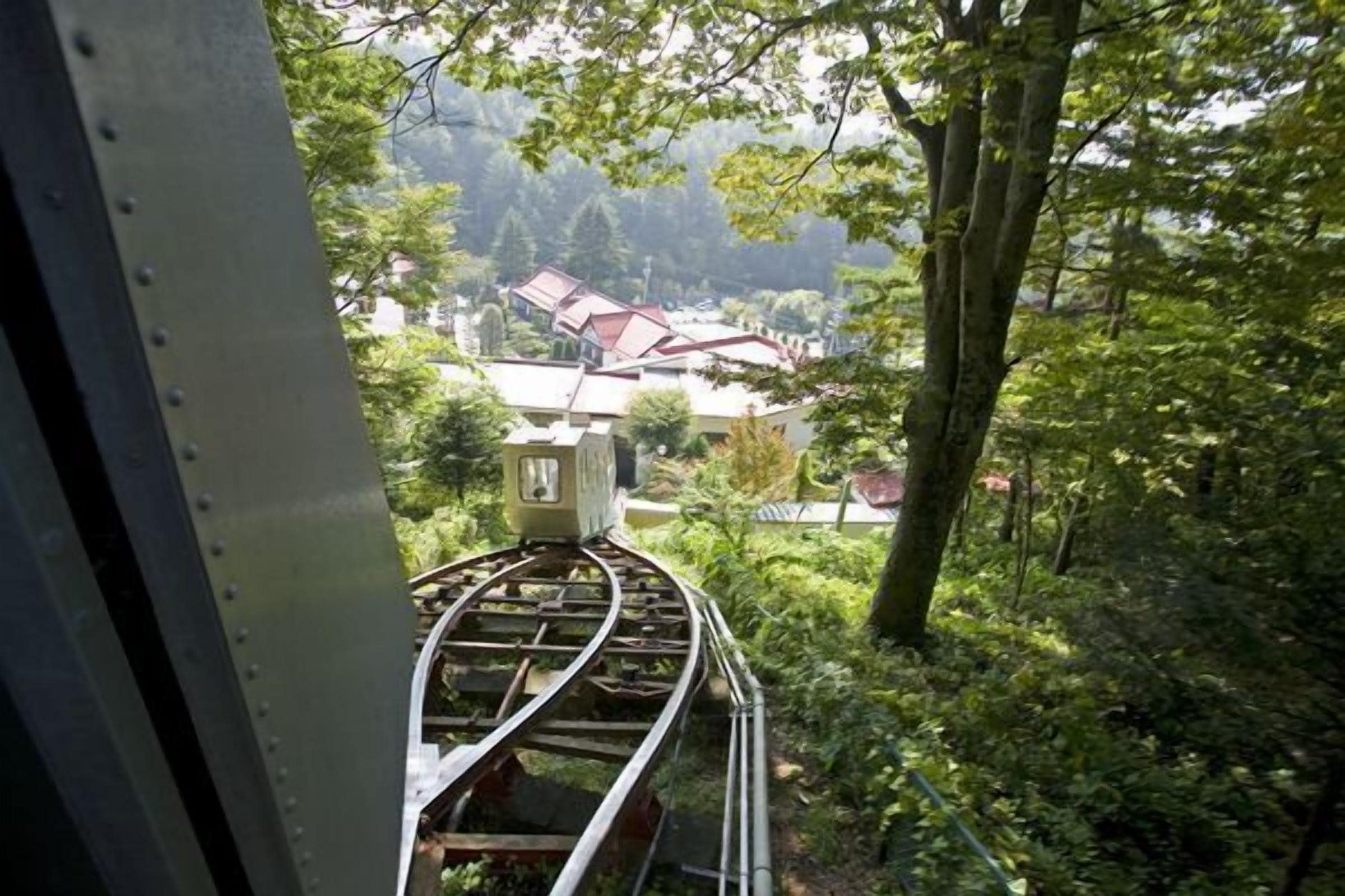 Un teleférico avanza por una vía, rodeado de vegetación exuberante y casas al fondo.
