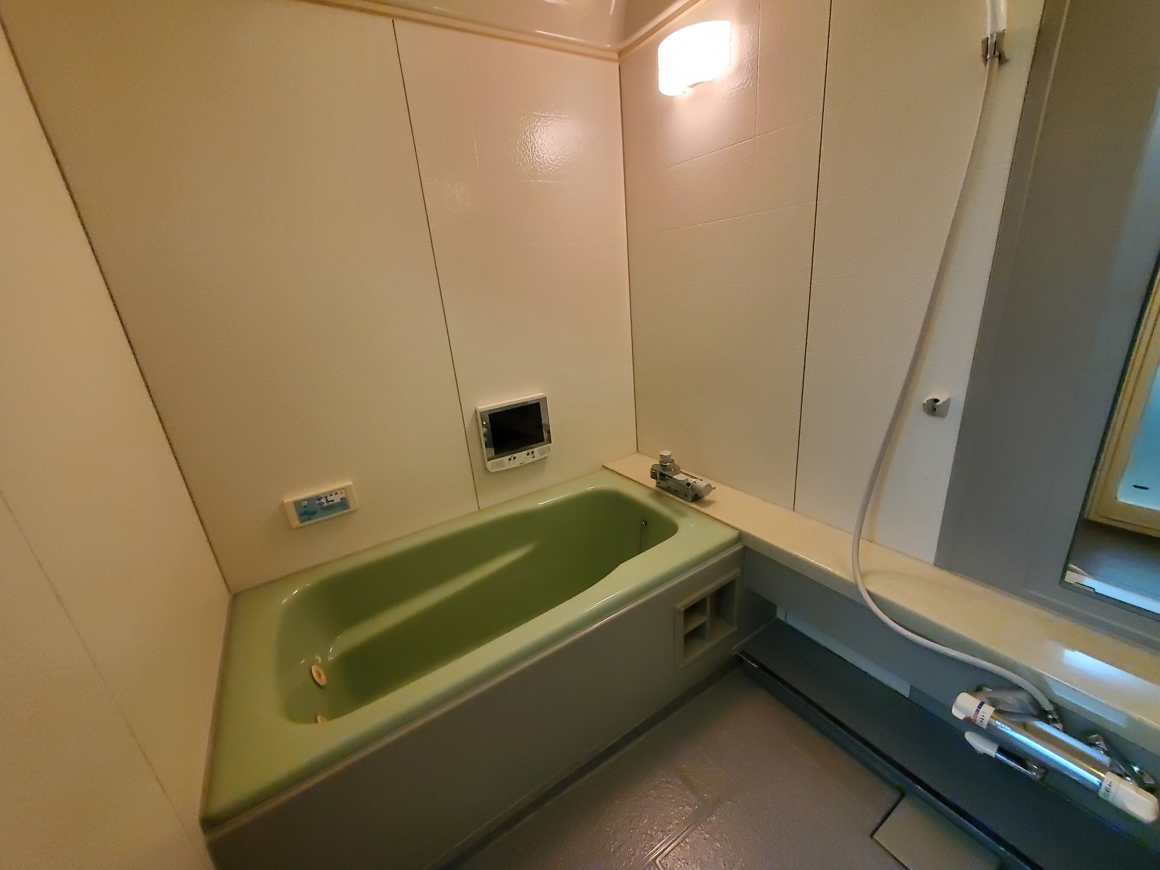 Een kleine badkamer met een groen bad, een wandradiator en een spiegel.