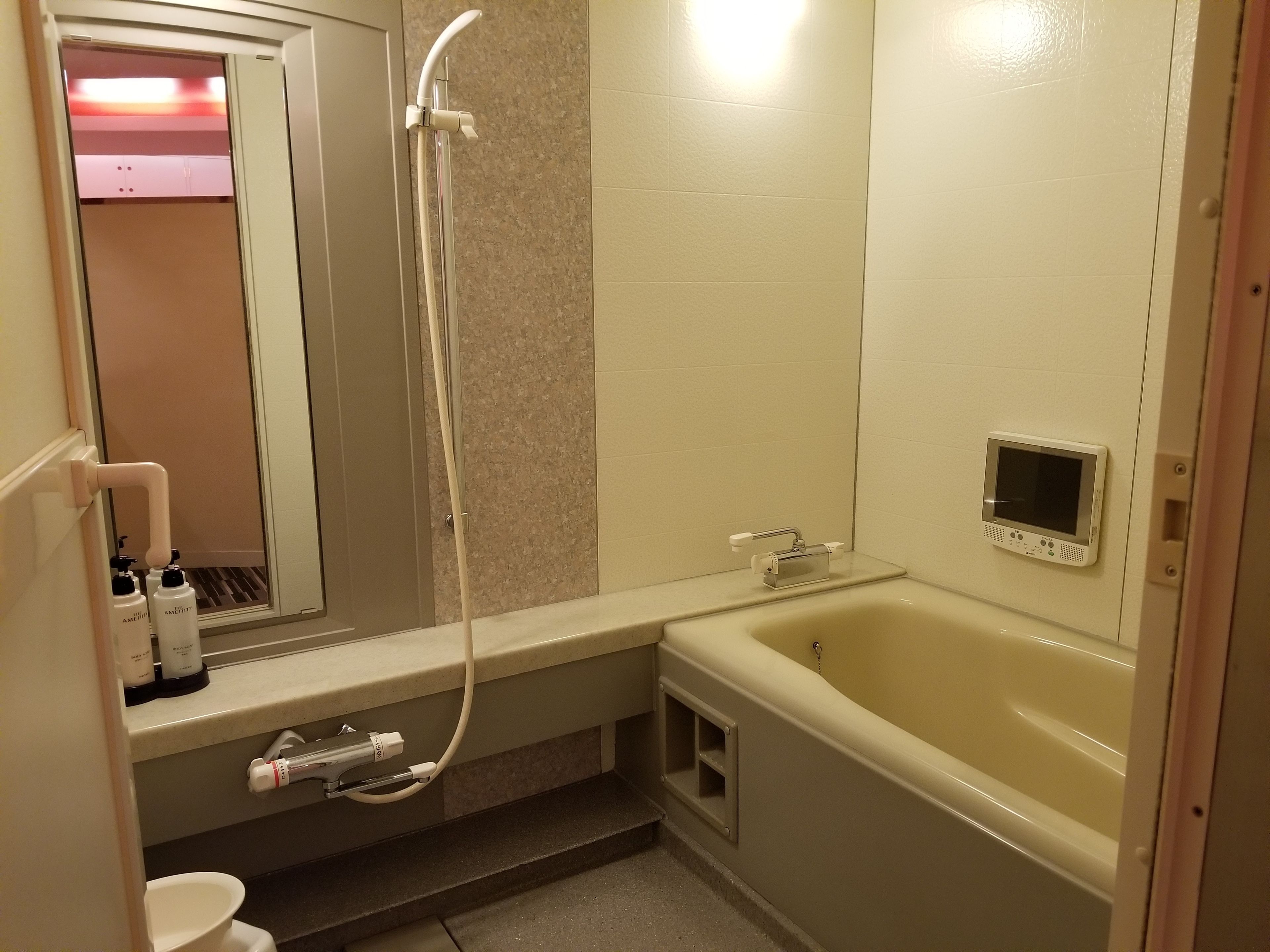 A bathroom with a bathtub, a shower, a toilet, and a mirror.