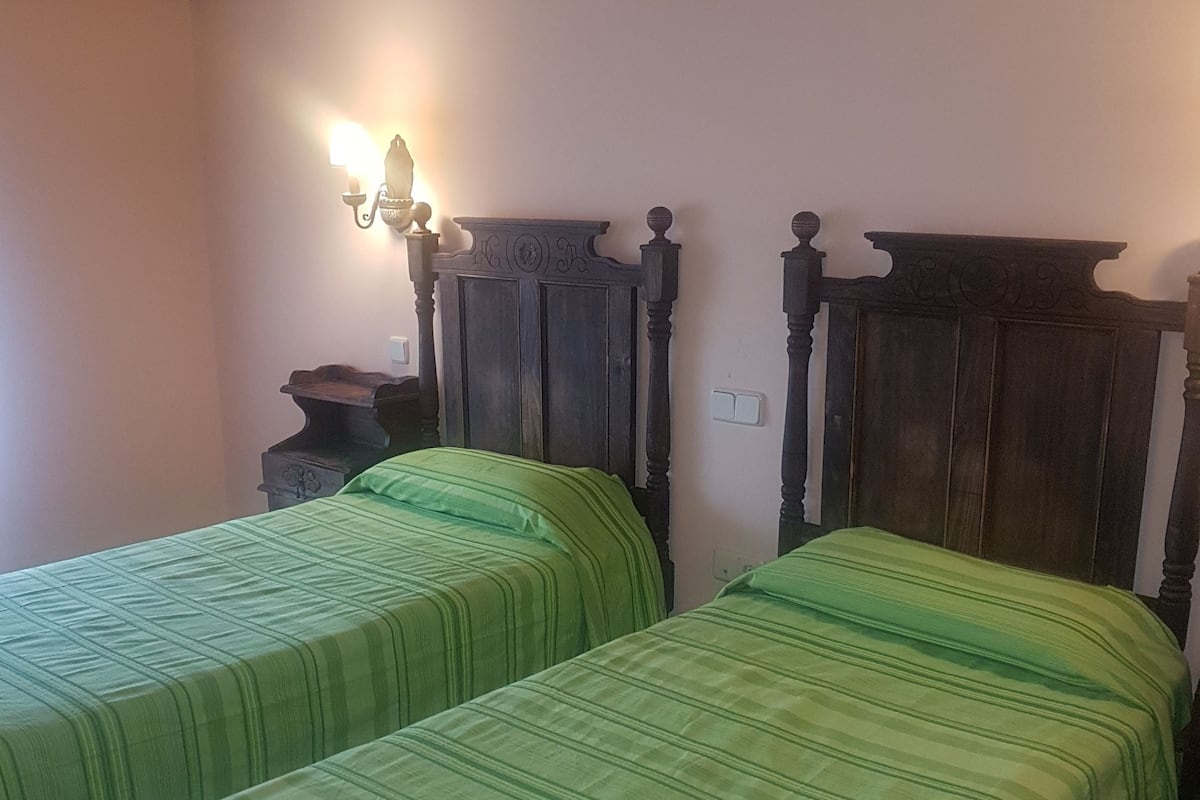 Two single beds with wooden headboards and green striped bedding in a room with a sloped ceiling and a wall-mounted light fixture.
