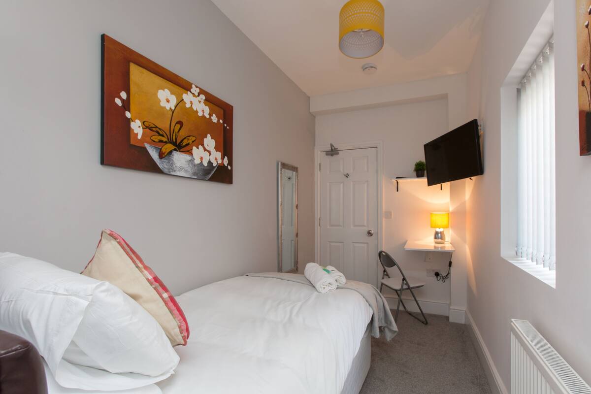 Een keurig opgemaakt slaapkamer met een bed, een schilderij, een televisie en een lamp.