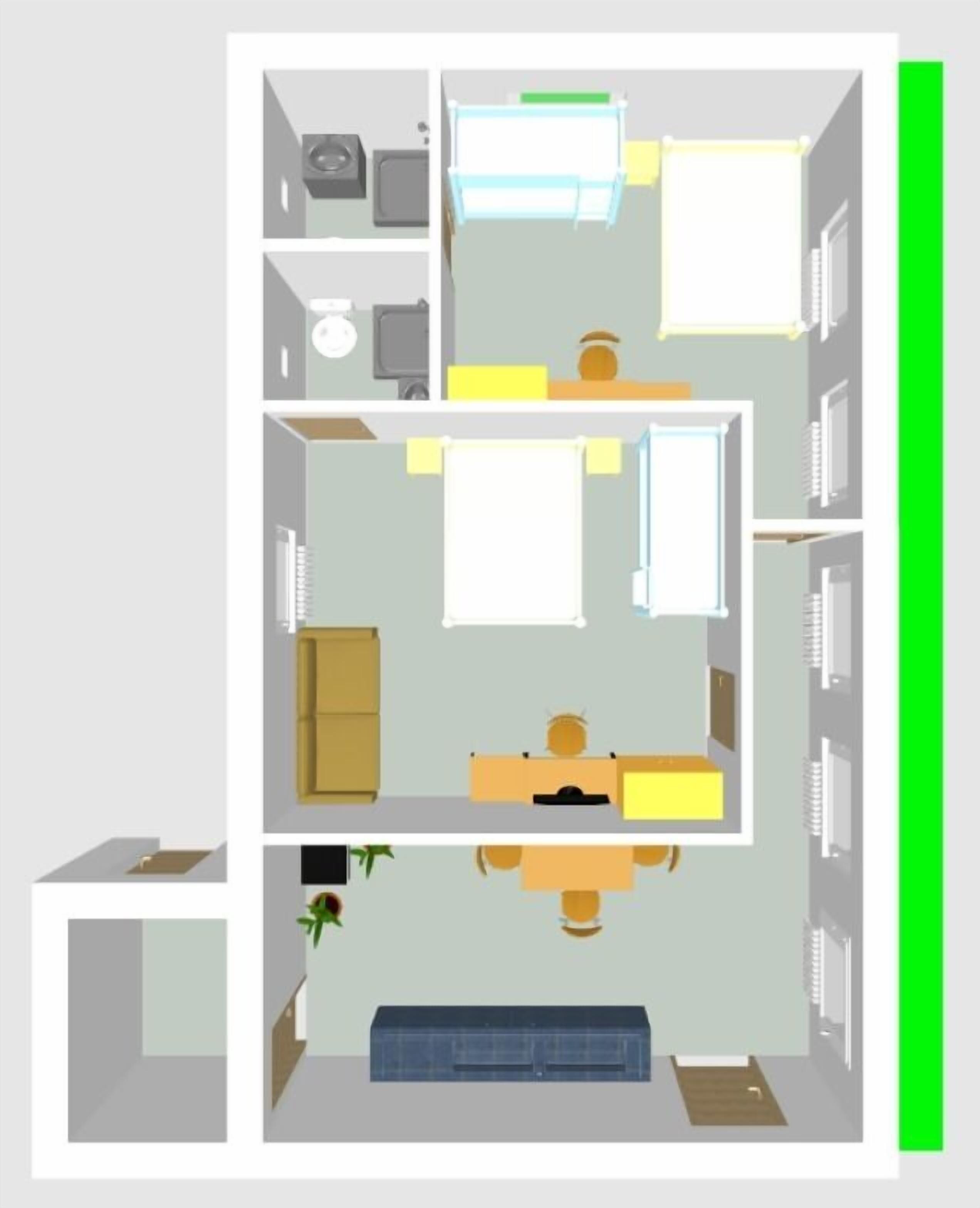 Planta de apartamento de dois quartos, com cozinha, área de refeições, sala de estar e banheiro.