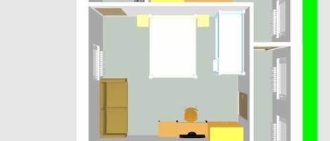 A 2-bedroom apartment layout with a kitchen, a dining area, a living room, and a bathroom.