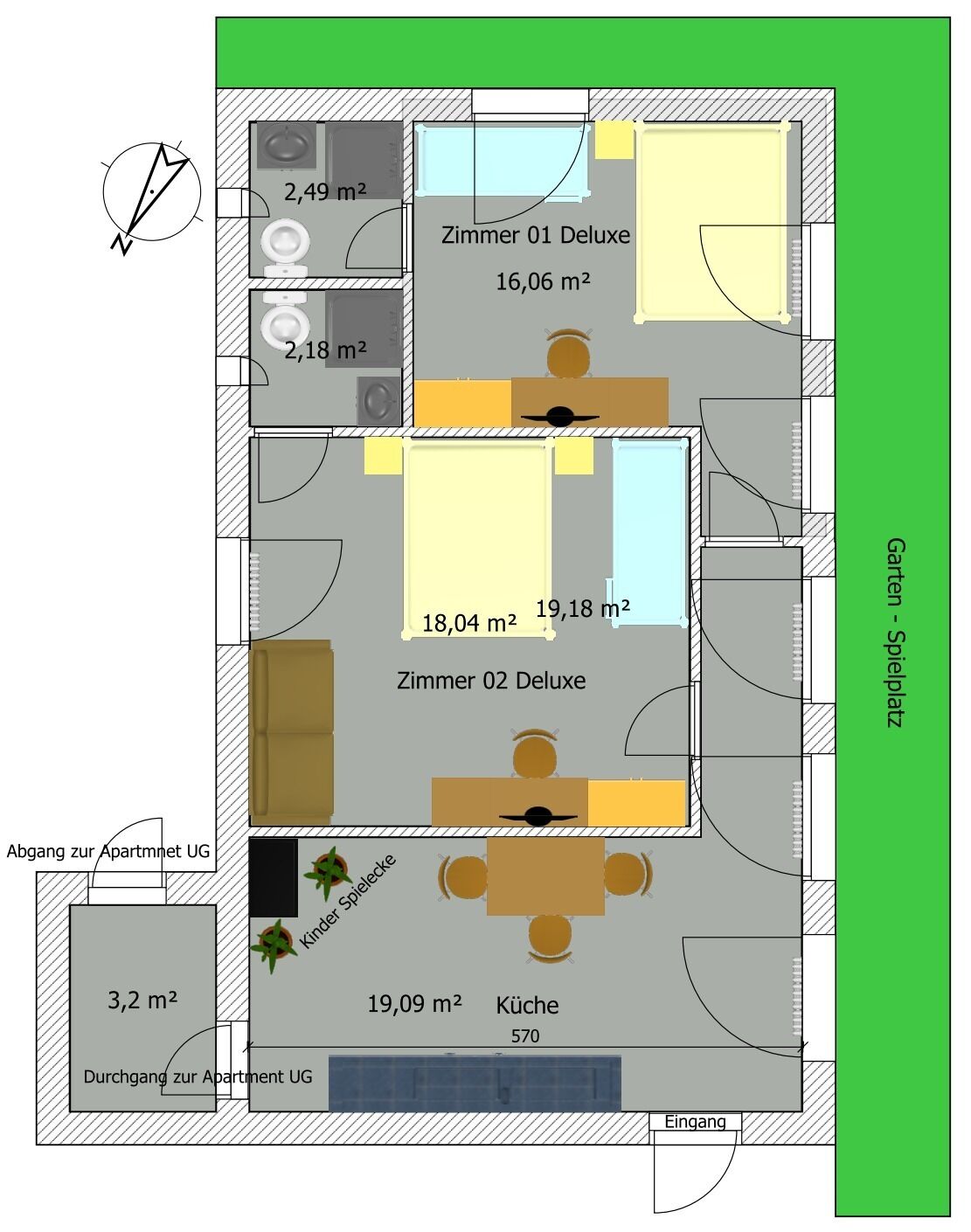 A floor plan of a hotel with two deluxe rooms, a kitchen, and a garden area.
