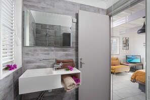 Shower, hair dryer, towels