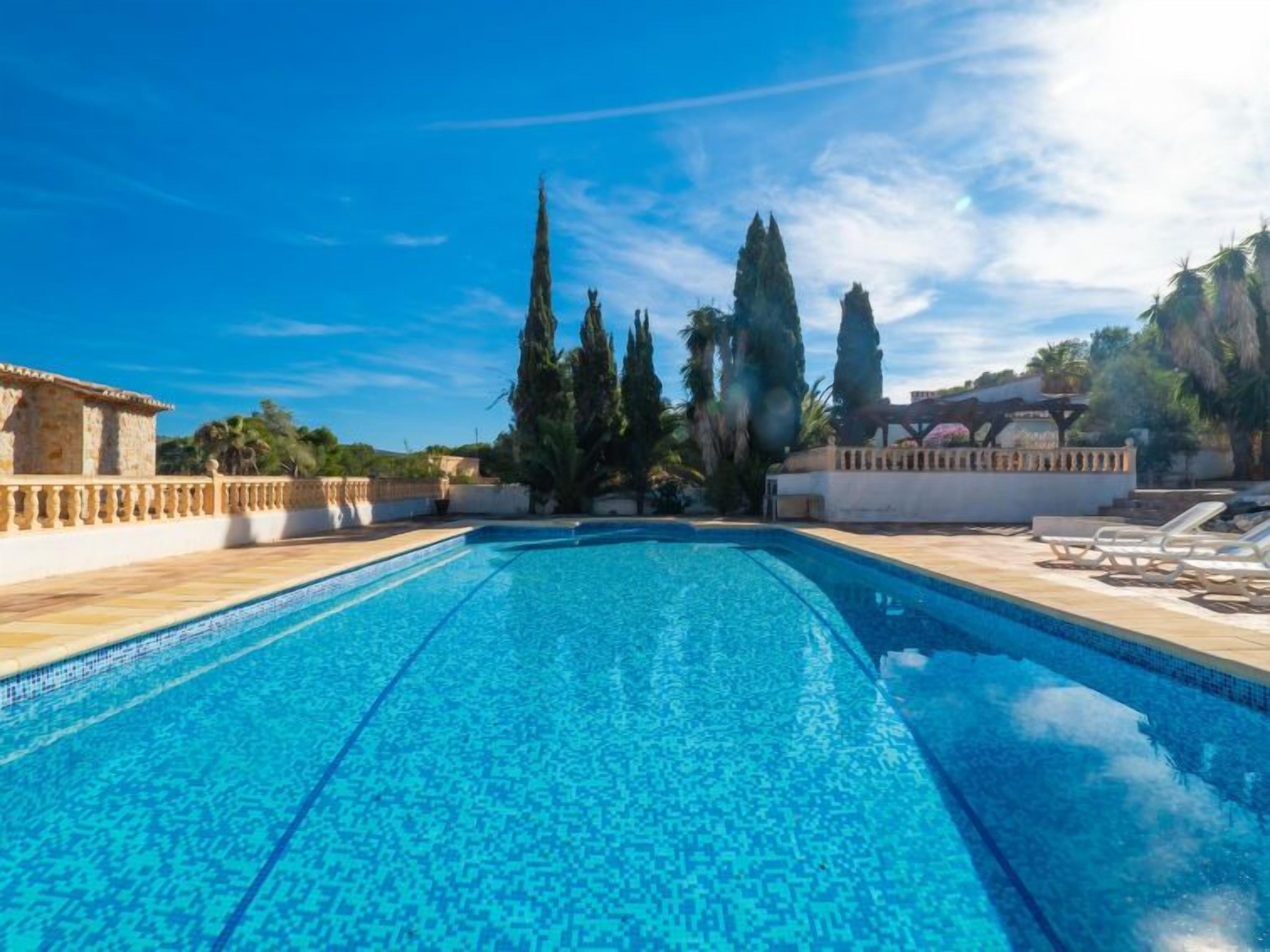 Una piscina blava i nítida amb una terrassa enrajolada, envoltada d'altes cigarreres i un cel serè.