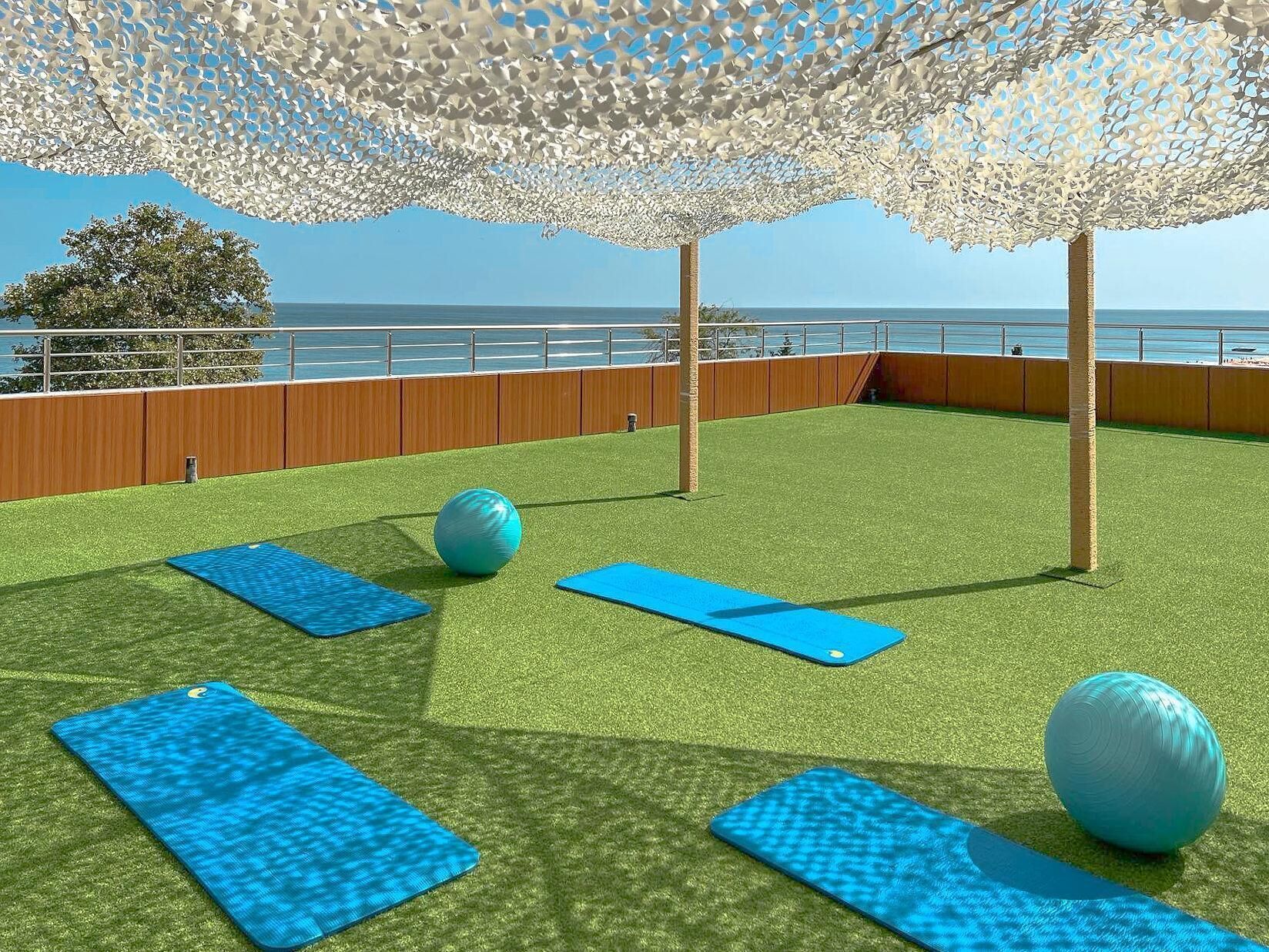 An outdoor exercise area with artificial turf, exercise mats, and exercise balls, overlooking a body of water.