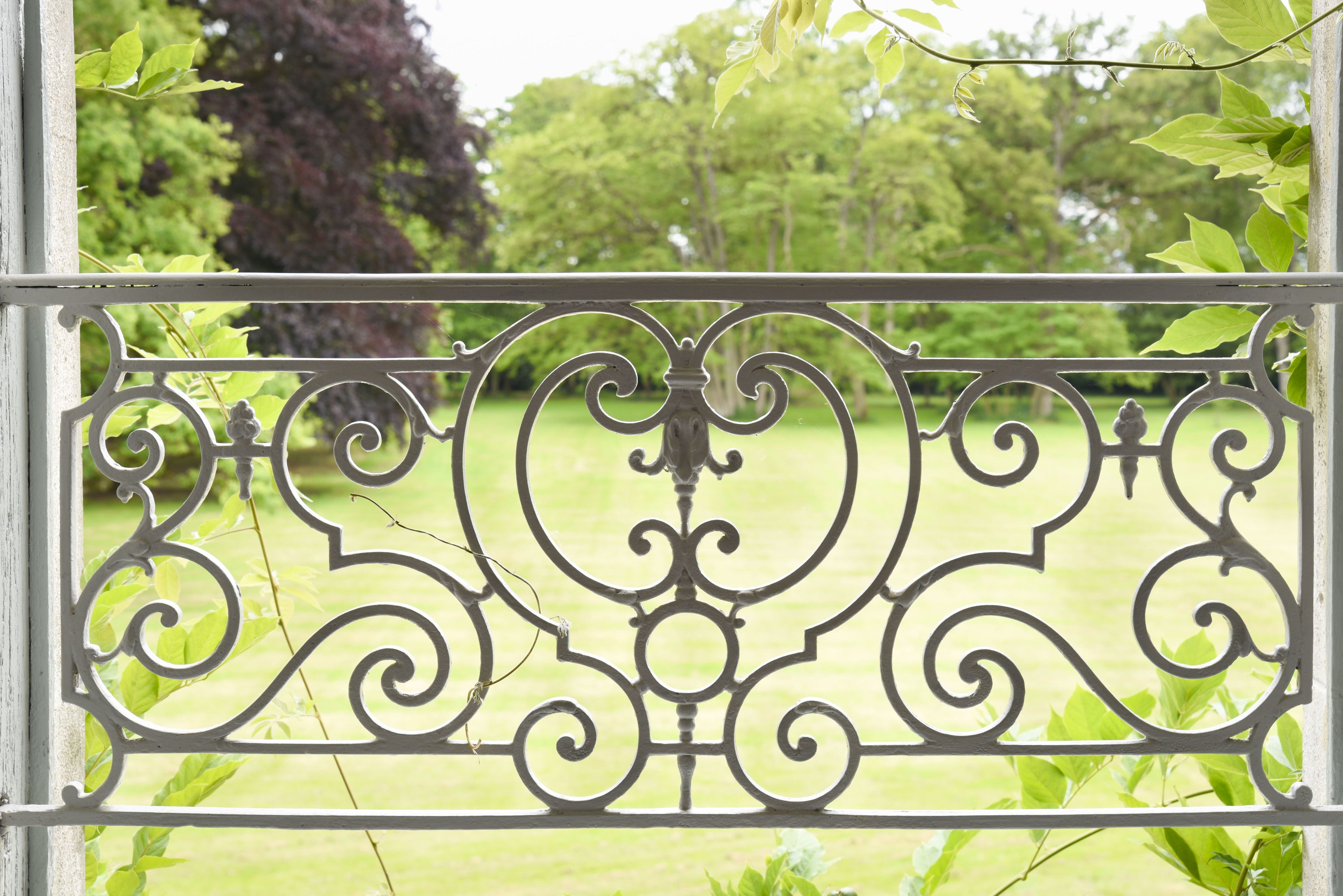 Un portail en fer forgé aux motifs complexes, se détachant sur un fond de verdure luxuriante et d’arbres.