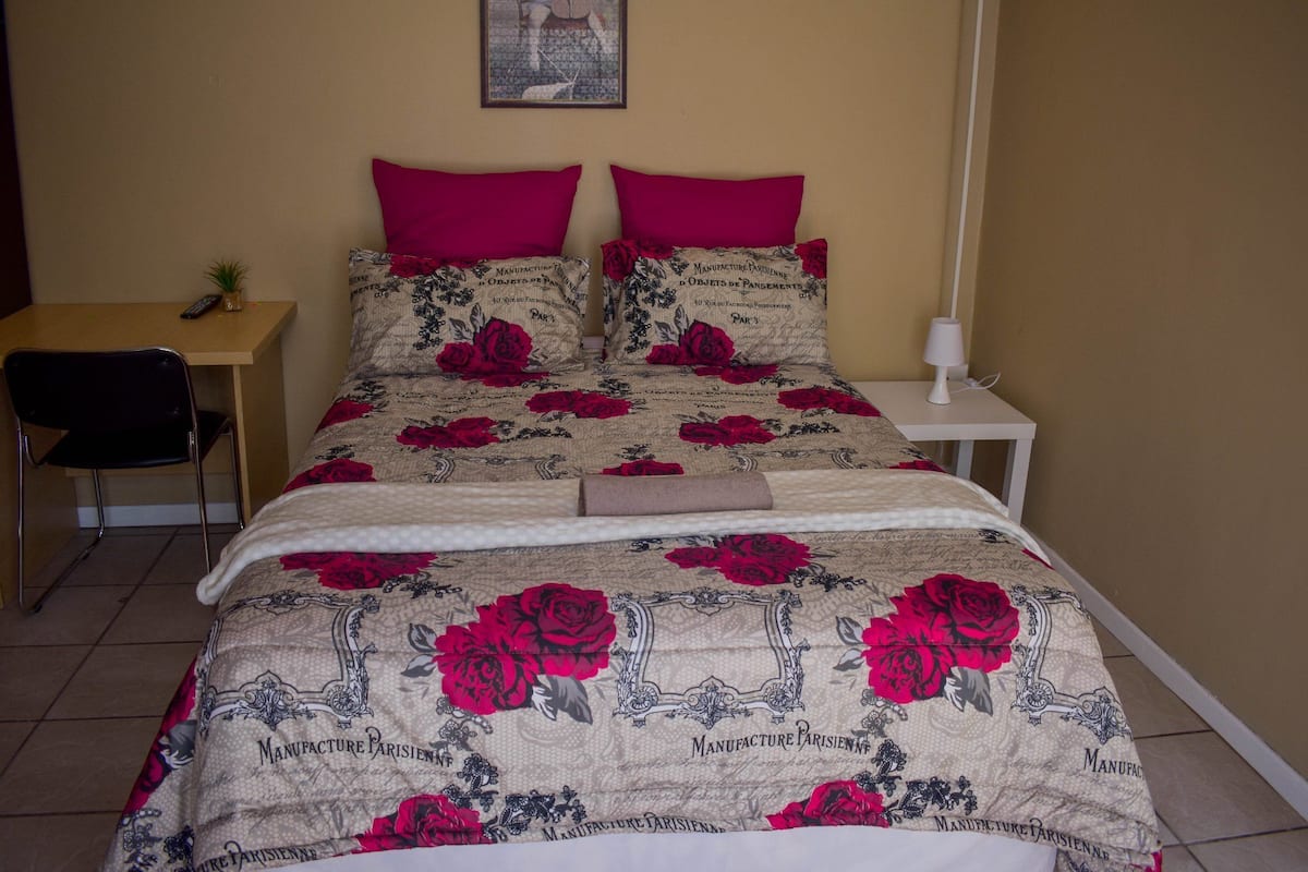 Un dormitorio con una cama, dos almohadas, una mesita de noche con una lámpara, una silla y una pequeña mesa con una planta.