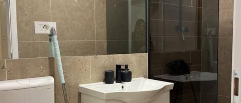 A modern bathroom with a toilet, sink, and glass shower enclosure.