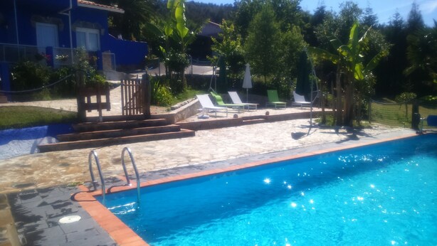 Una piscina con escalones de acceso, rodeada de sillones de descanso y palmeras.