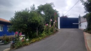 Una calle residencial con una casa azul a la izquierda, un jardín con flores rosas y una puerta de garaje azul al fondo.
