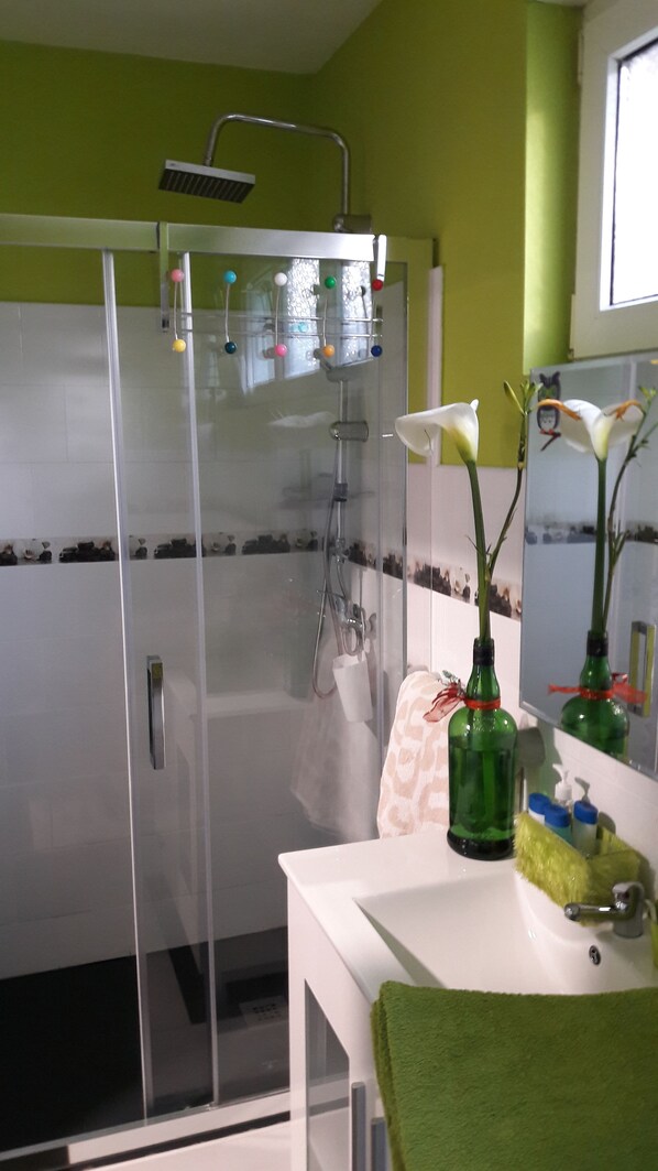 A bathroom with a glass shower enclosure, a white sink with green bottles, and a mirror with a reflection of a white flower. - Apartamentos Labana (Cudillero)
