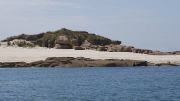 A beach with white sand, large rocks, and sparse vegetation.