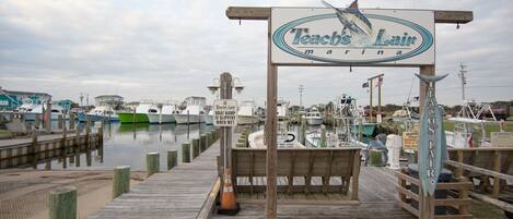 A marina with a wooden dock and a sign for "Teach's Lair Marina".