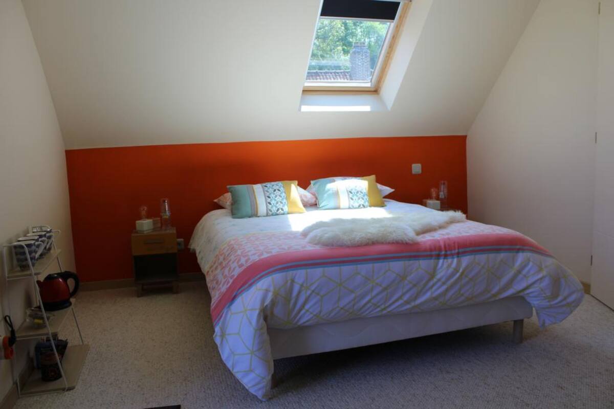 A bedroom with a bed, a skylight, a nightstand, and a shelf with items.