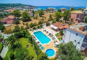 Outdoor pool, pool umbrellas, pool loungers