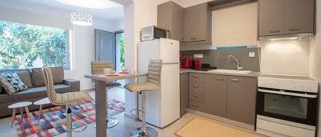 Business House, 1 Bedroom, Ground Floor | Private kitchen | Fridge, microwave, oven, stovetop