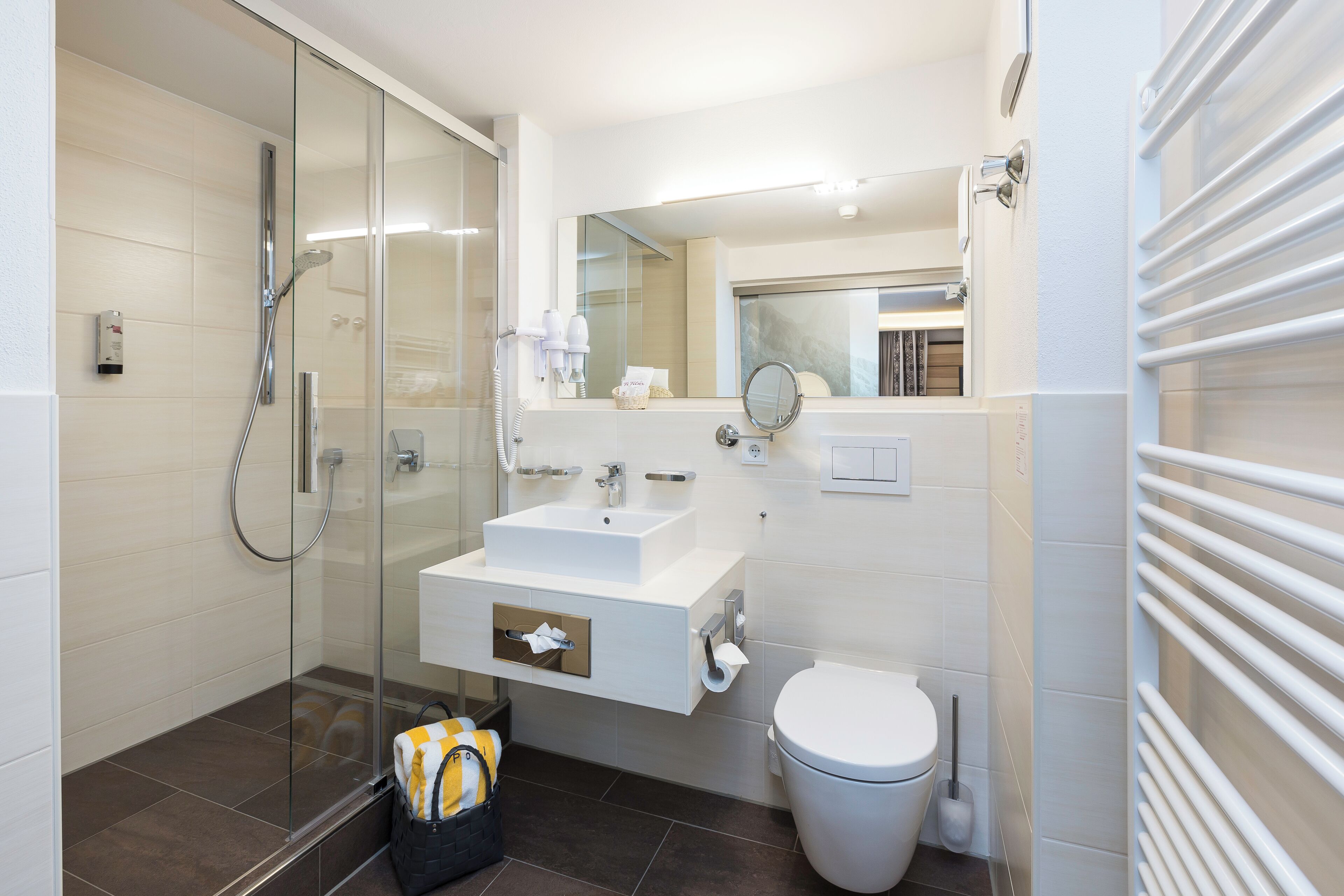 comfort double room, mountain view | bathroom | eco-friendly toiletries, hair dryer, bathrobes, slippers