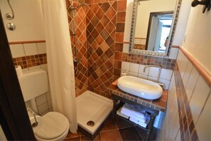 A bathroom with a toilet, shower, and sink.