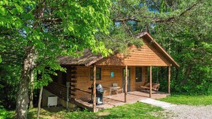 A log cabin with a porch, a grill, and a swing.
