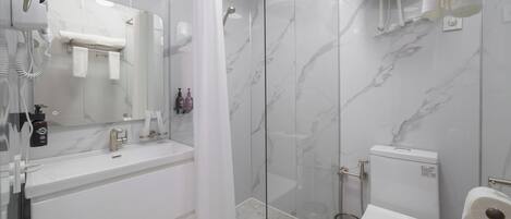 A modern bathroom with a glass shower enclosure, a white toilet, and a large mirror above the sink.