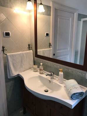Appartement, vue jardin | Salle de bain | Douche, sèche-cheveux, bidet, serviettes fournies